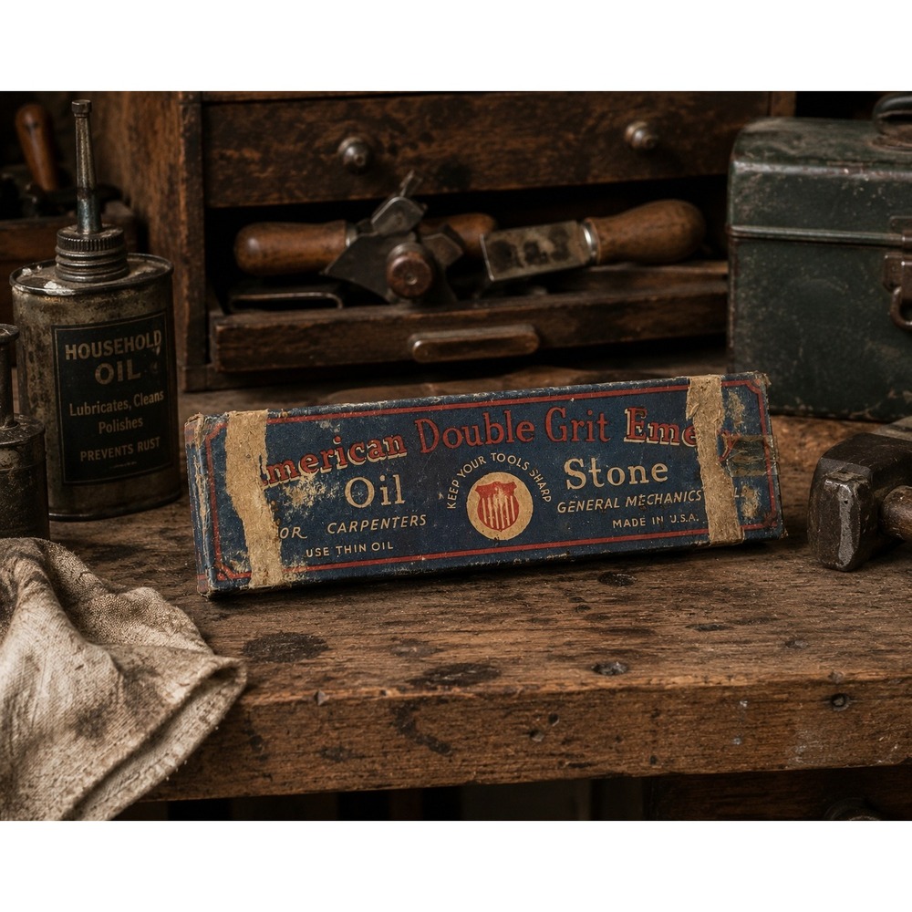 Vintage American Double Grit Emery Oil Stone Combination Sharpening Tool USA Box